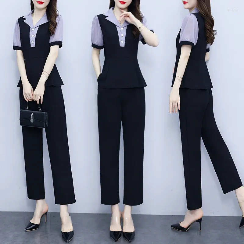 Pantaloni da due pezzi da donna girano il colletto a maniche corte set di patchwork di moda oversize abiti da ufficio abiti da donna 2024