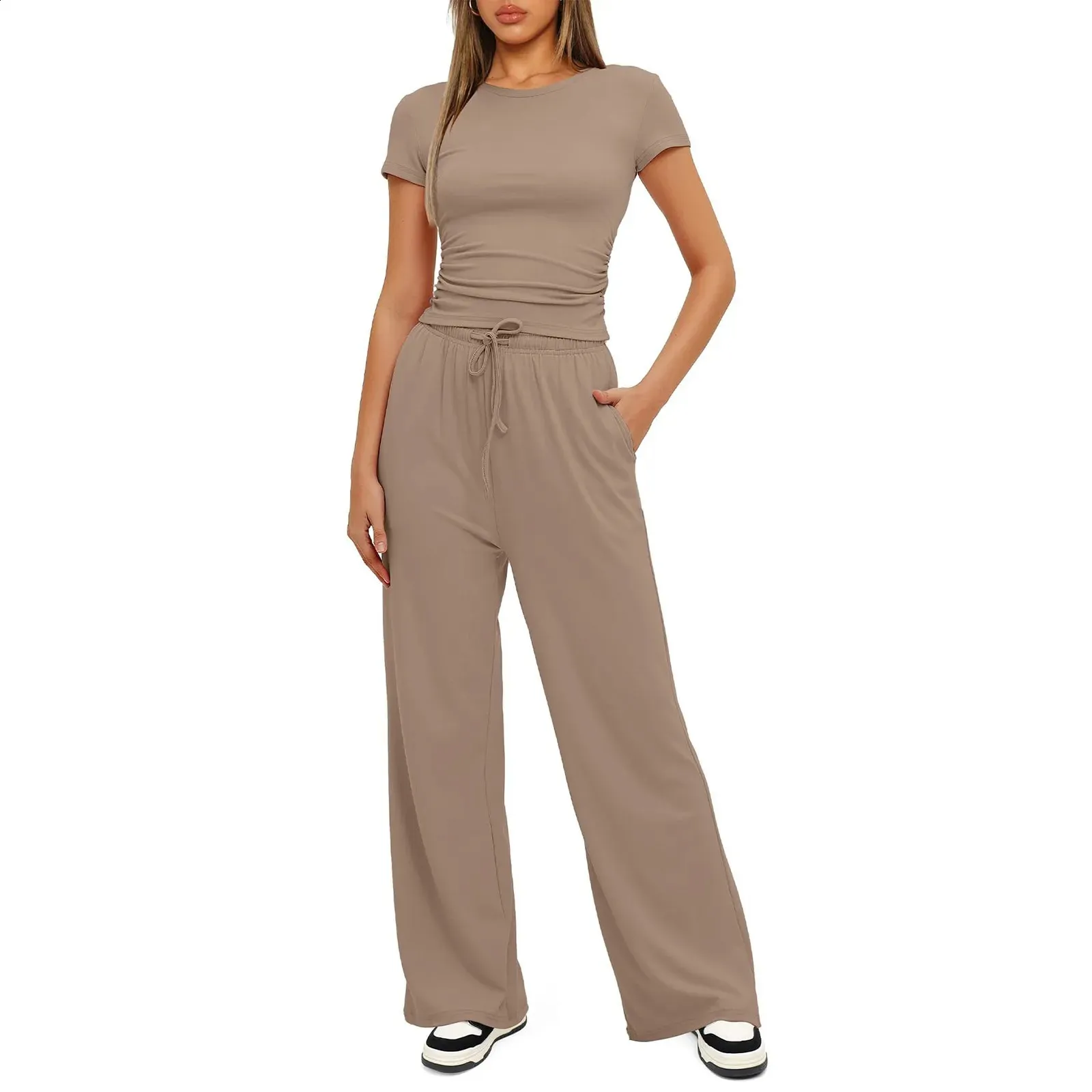Set di 2 pezzi da donna, tuta casual a maniche lunghe, scollo rotondo, top, gambe larghe, pantaloni, set coordinato, Ag., 4XL