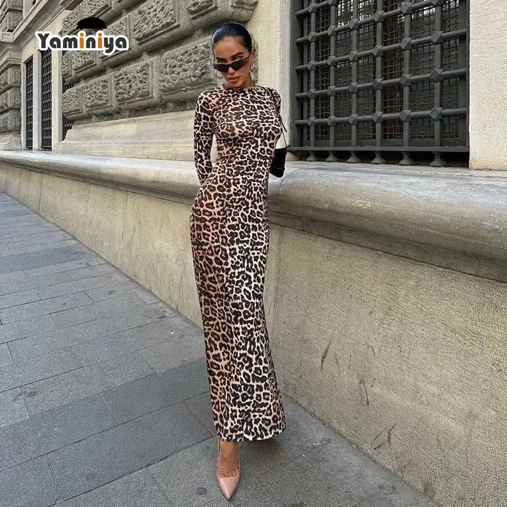 Long Sleeve Leopard Slit Dress Leopard Print Bodycon Long Dress With High  Heels Ultra Thin, Sexy