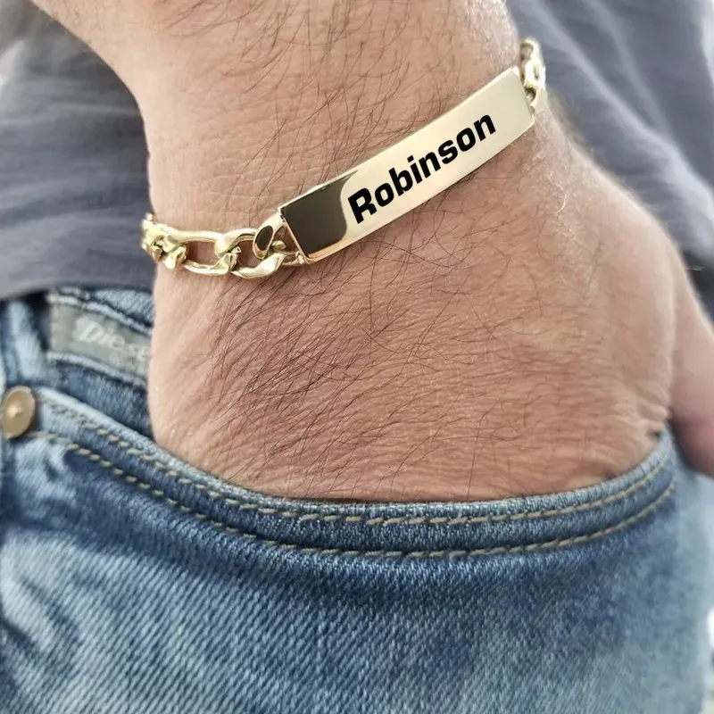 Nome personalizado Grave Bangle de couro feita à mão Made Bracelet personalizada Pulseiras de aço inoxidável para homens Id Jóias Presente 240418