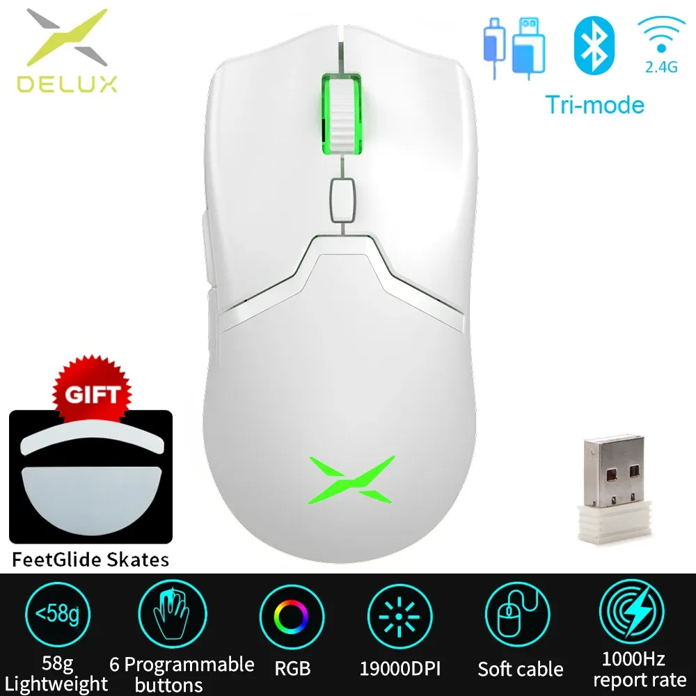 MICES DELUX M800 PRO PAW3370 BRANCO GAMING REAMENTO sem fio Rouse com fio camundongos ergonômicos programáveis Tipo C Recarregável para Windows