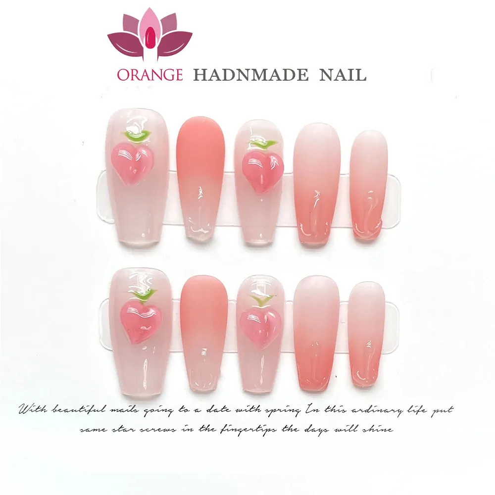 Handgjorda rosa falska nagel Tryck på med lim söt koreansk designad full täckning vinter manicuree bärbar nagel konst xs s m l size nagel 240411