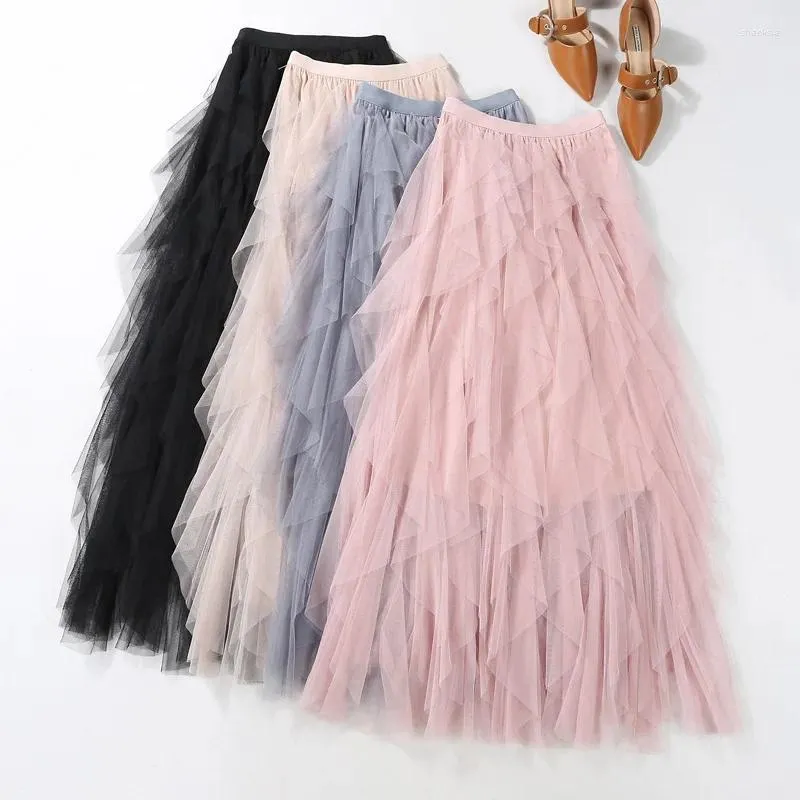 Saias Deeptown Tutu Tulle Midi Salia Mulheres elegantes moda de moda alta Cantura irregular Mesh Mesh longa Spring Summer Summer Fester feminina