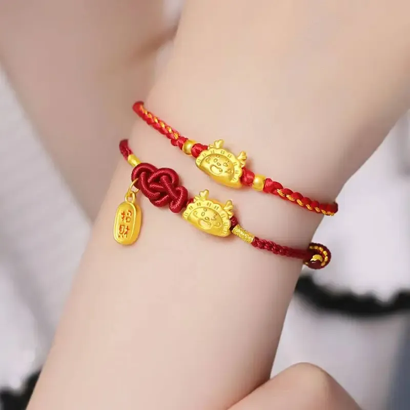 Strängar 2024 Ny Simple Gold Dragon Dumpling Armband Women's Wealth Woven Red Rope Evilwoven smycken i år av livsgåva lycka till