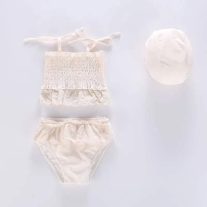 Swimwear 2022 Summer New Baby Girls Split Swimwear Lace Embroidery Sling Tops +Shorts +Cap 3Pcs Toddler Kids Bikini Set Children Swimsuit