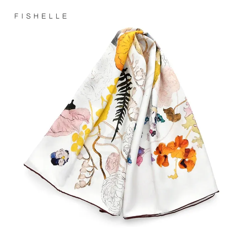 Écharpe en soie en soie blanche Sécroquette imprimée fleurs écharpes femmes femme douce et naturel carré bandana châle cadeau pour dame 240418