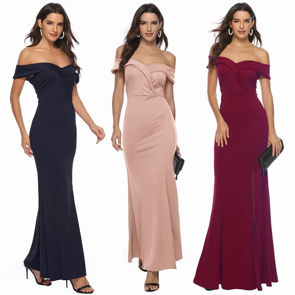 Formal Wedding Guest Sexy Off Shoulder Solid Bodycon Long Side Split Fishtail Dress