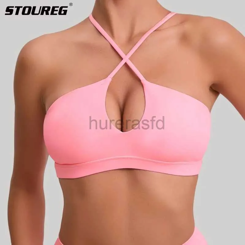 Active Sets Stoureg Sexy Beautiful Back Sports Bra for Women Gym Yoga Bra Cross Back Running Sports Top 통기성 피트니스 패드 스포츠웨어 240424