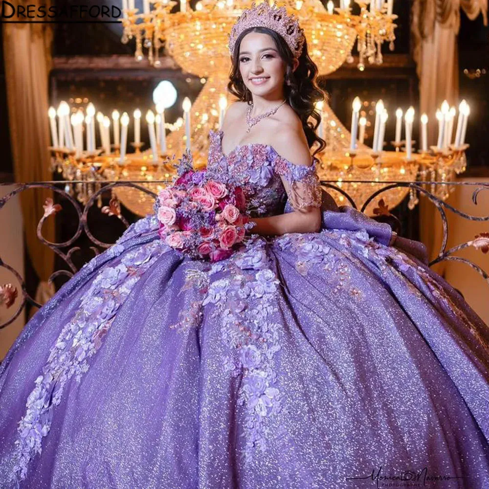 Purple Quinceanera Dresses Off Shoulder Blush Pink Sequined Lace Appliques Crystal Beads Sequins Ball Gown Tulle Guest Dress Evening Prom Gowns Corset Back