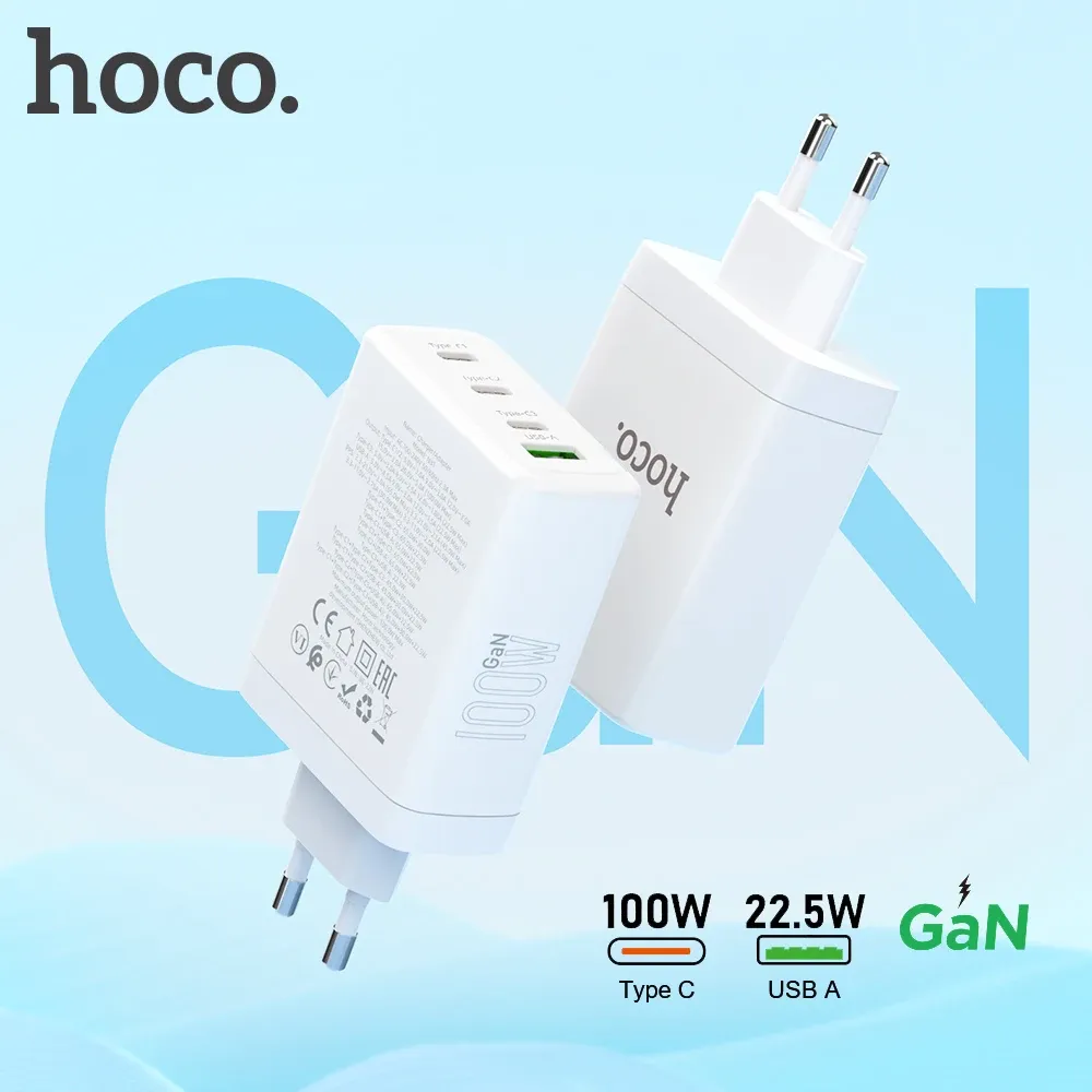 Chargers Hoco EU Plug Gan PD100W Быстрая зарядка 4 порта Зарядное устройство для MacBook ноутбук PD QC USB C Adapter Adapter для iPhone 14 Pro Max