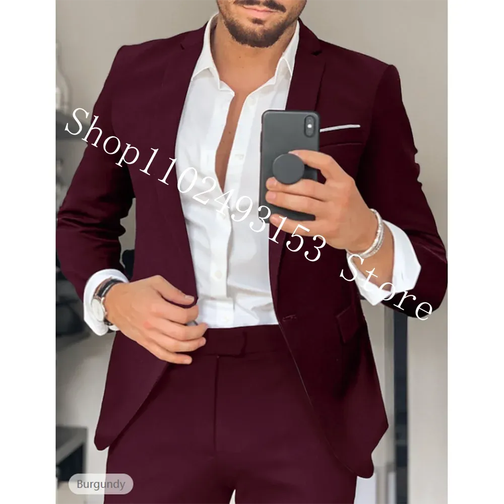 Vestes Bourgogne Men cosit Slim Fit Tuxedos 3 Pieds Costumes masculins Blazer Business Mariage Tuxedos Veste Pantalon Costume Homme