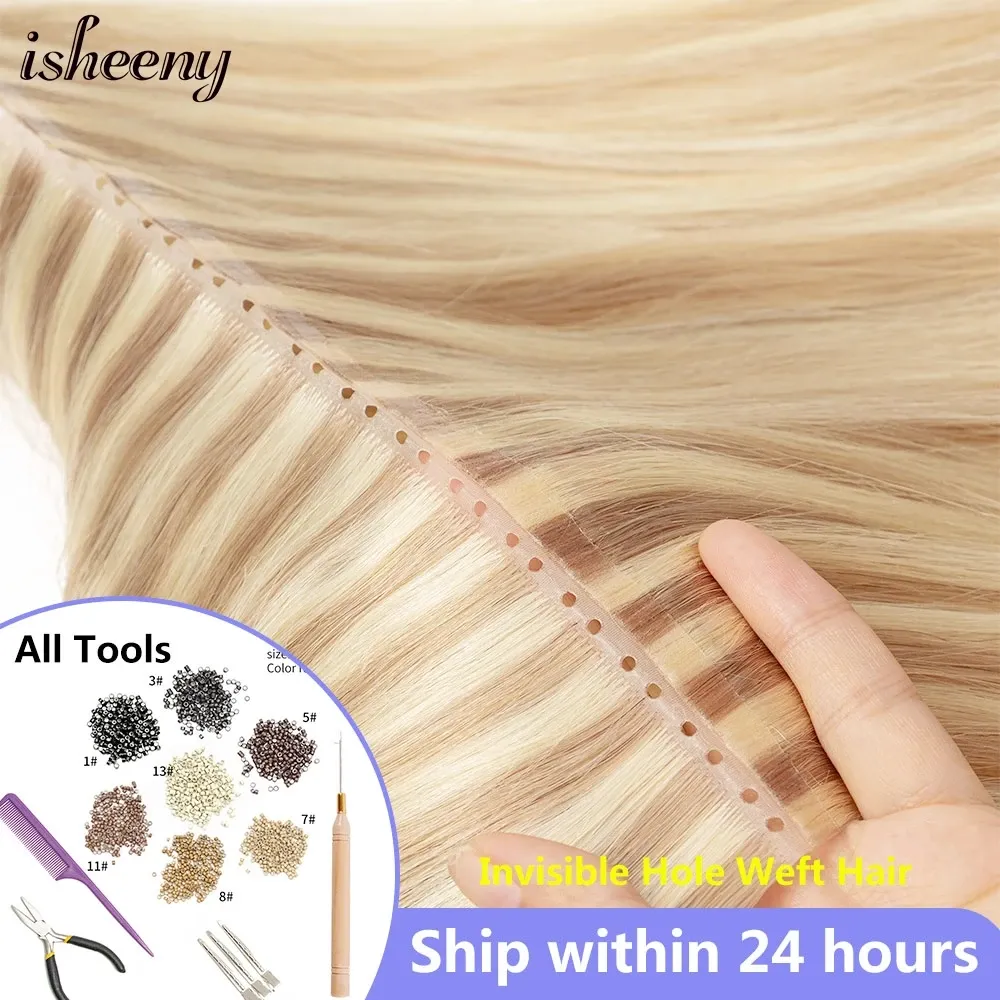 Toft Isheeny Real Natural Pu Hole Waft Extensions de cheveux humains 16 pouces Blonde Tire à travers Tabs jumeaux Coiffes avec outils 3540G