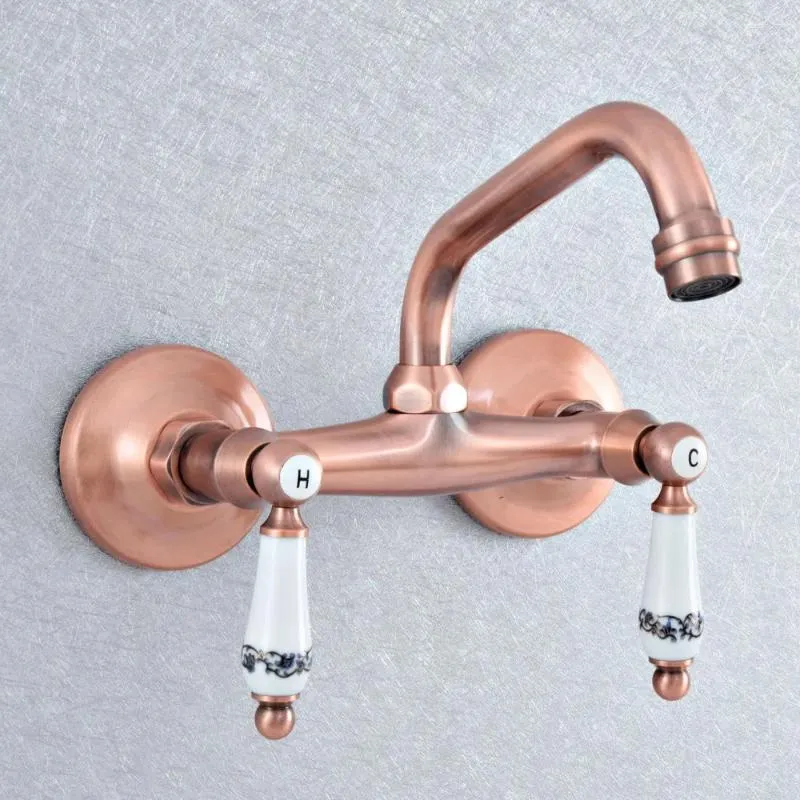 Kitchen Faucets Antique Red Copper Washbasin Faucet Wall Mounted Sink Swivel Spout Bathroom Basin Cold Water Taps Dsf892