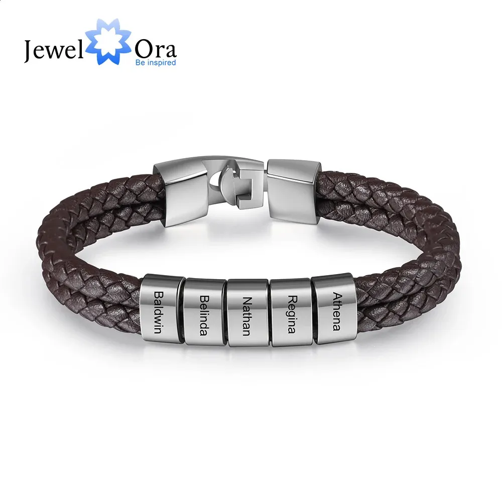Nom gravé personnalisé Bracelets de perles pour hommes Famille personnalisée Bracelet en cuir marron cadeau pour père / petit ami 240416