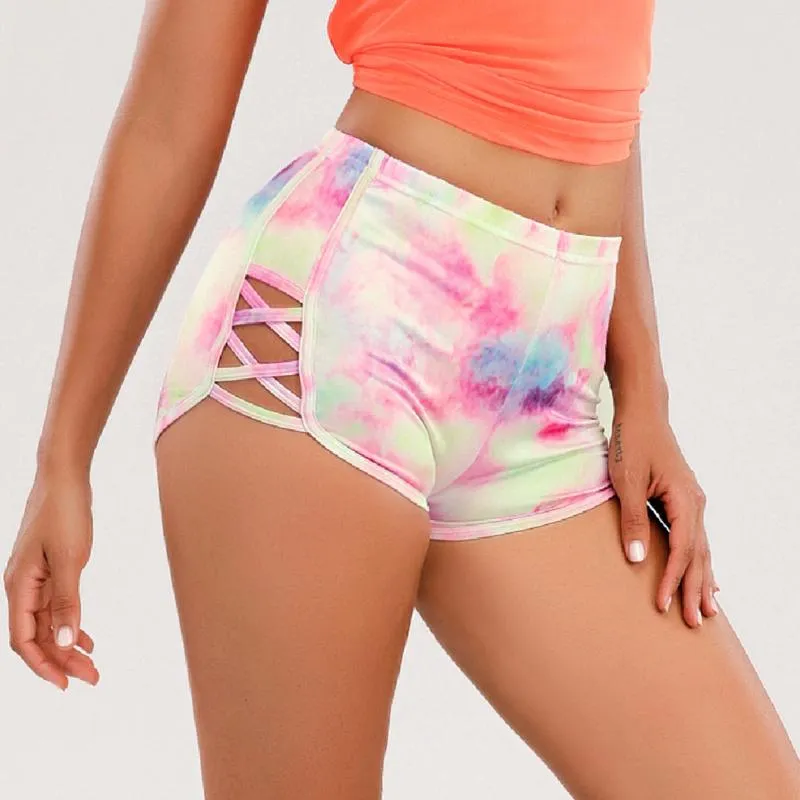 Shorts Shorts Tie Dye Stampa laterale Criss Cross Yoga High Waist Out Sports for Women