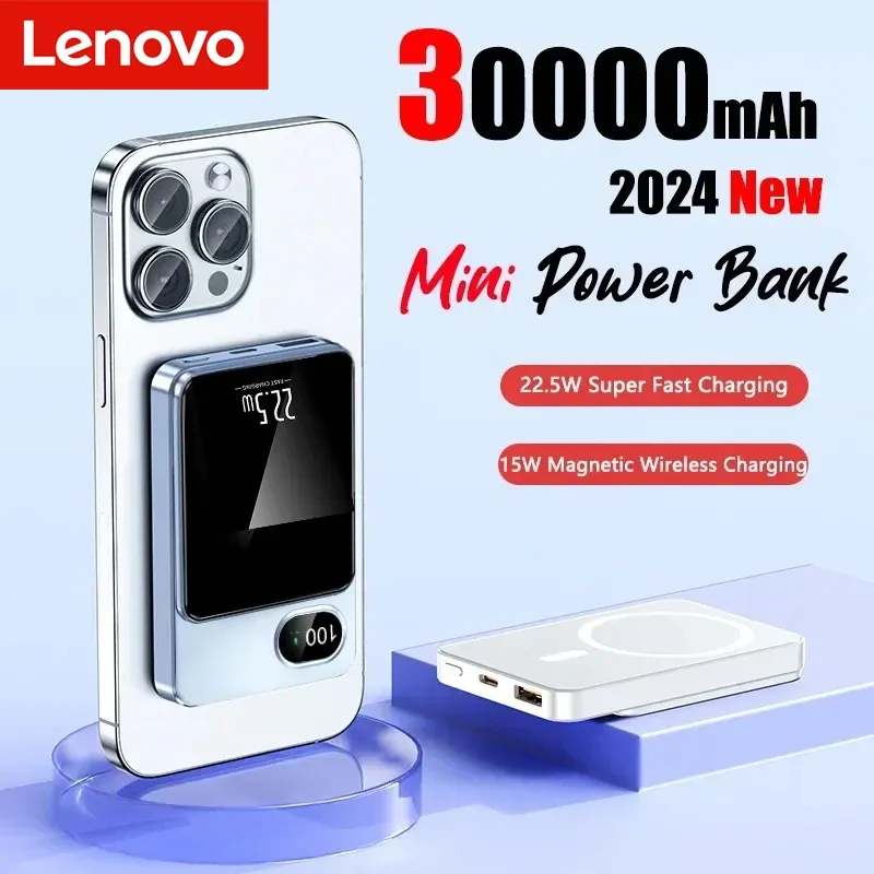 Bank Lenovo 30000mah Magnetic Qi Wireless Ladegerät Power Bank 22.5W Mini Powerbank für iPhone Samsung Huawei Xiaomi Fast Ladebank