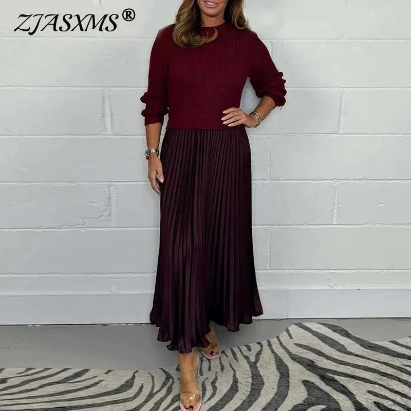 Winter Solid Pahwork Pleated Long Dress Wen Ele O Collar Plow Dress Casual Long SVE Party Long Dress Vestido M241123