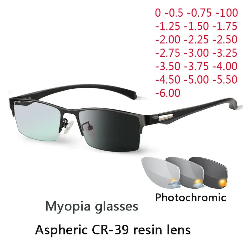 Marcos Nuevos Sun Photocromic Miopia Eyeglasses Optical Men Estudiante Terminado Miopía Eyewear Gafas recetadas Marco de la mitad del borde 1.0 4.0