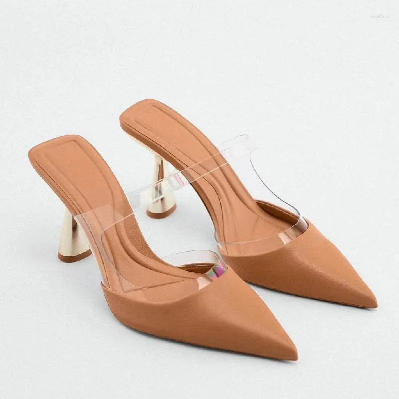 Hausschuhe 2024 Sommer Frauen weiblich spitze Zehen pu dünne High Heels Schuhe Damen Solid Farbe transparent sexy Partyschuhschuhe