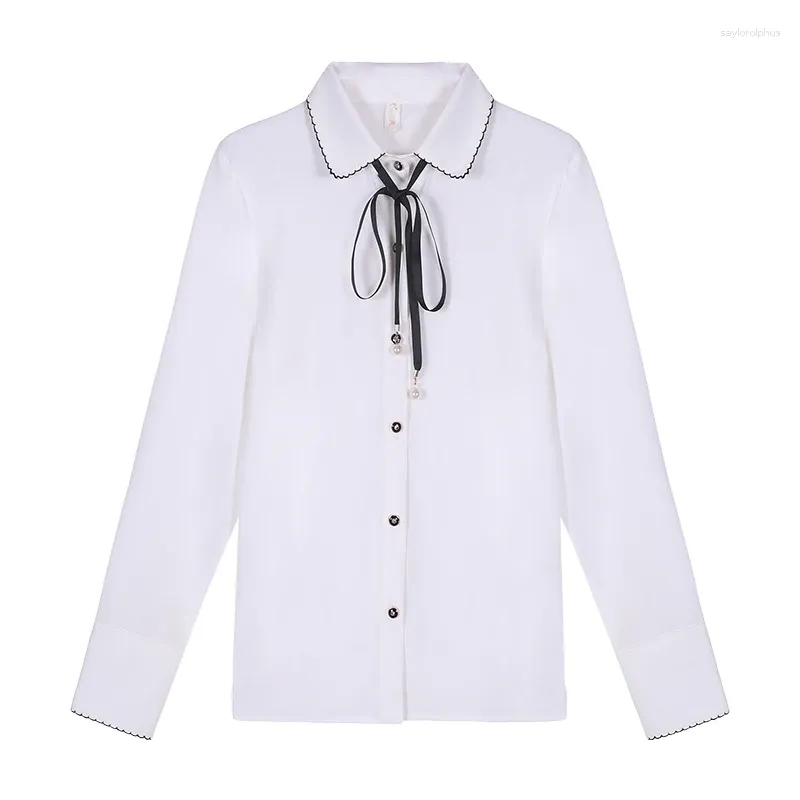 Women's Blouses Female Bowknot Versatile Shirt Spring And Autumn 2024 Korean Fashion Embroidery Collar Professional Long Sleeve Top