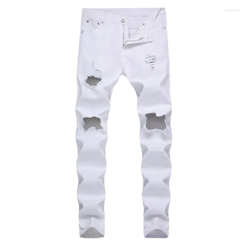 Erkekler Kot 2024 Moda Yüksek Sokak Stili Dilenci Kırık Deliği Küçük Ayak İnce Mikro Elastik Denim Pantolon