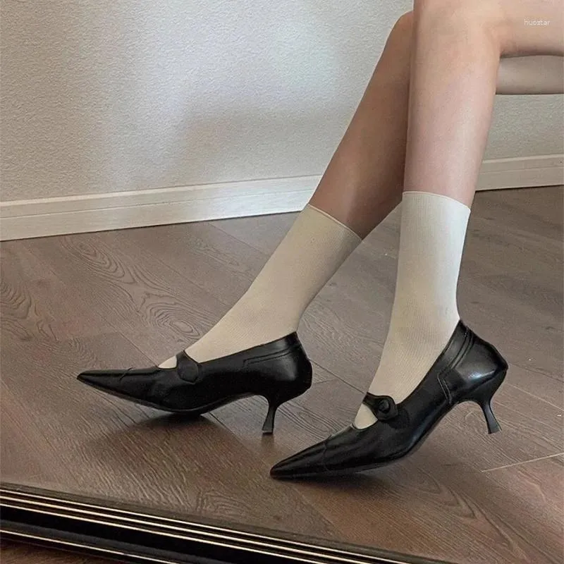 Sapatos de vestido pontudo de couro de couro salto de couro Mary Jane Jane Black Bretagem de uma tira de uma tira alta bombas Sandalias Mujer Verano