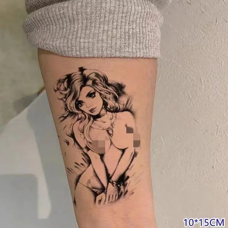 Maskin sexig tjej tillfällig tatuering pistol geisha vattentät halv arm män och kvinnor konst falsk tatuering ben mode kropp tatouage femme adesivos