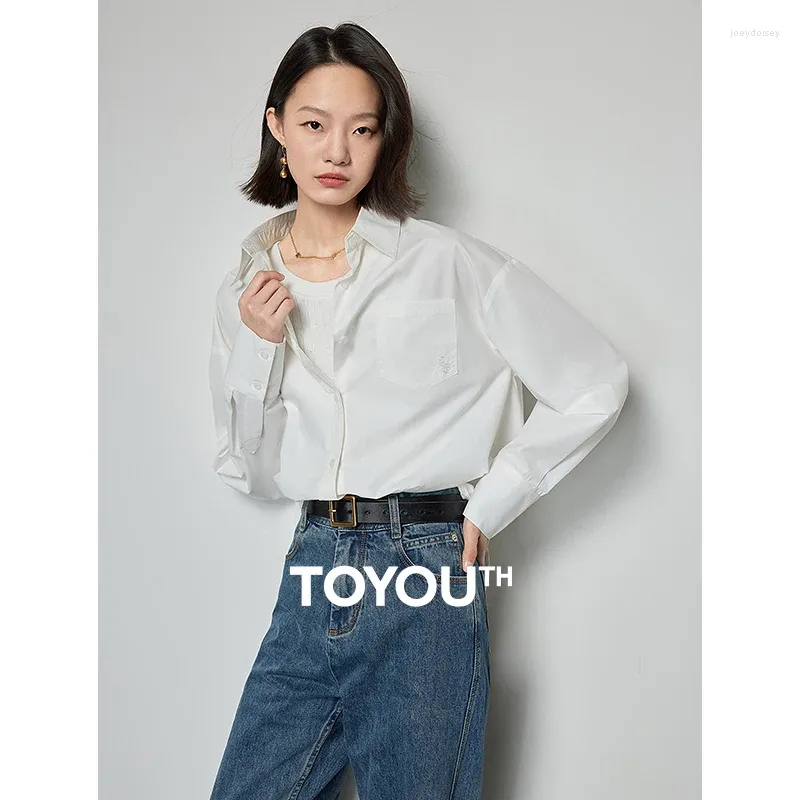 Blouses pour femmes Toyouth Femmes Blusas 2024 Spring Open Slit à manches longues White Basic Shirt Pocket Oversize Woman Blouse