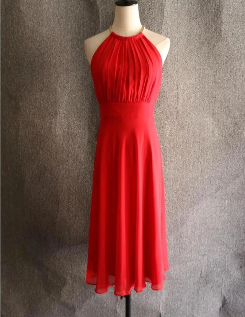 Custom Made New High Quality Simple Red Cocktail Dresses Zipper Back Halter Knee Length Formal Party Dresses Plus Size Party Eveni6448511