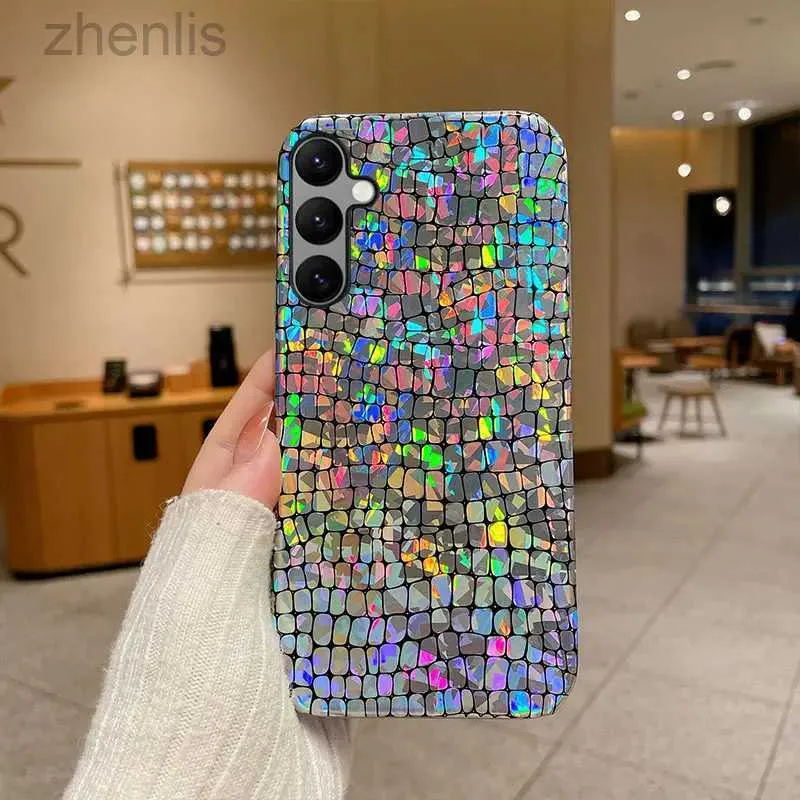 Cell Phone Cases Fashion Cute Rainbow Laser Phone Case For Samsung Galaxy A14 A15 Protective Hard PC Luxury Back Cover With Cool Bling Lattice d240424