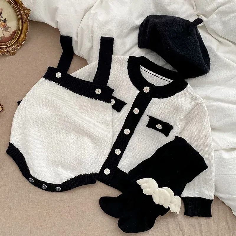 セット冬の春の新生児の女の子の服セット長いニットカーディガン+ジャンプスーツ幼児の女の赤ちゃん編み物服スーツ