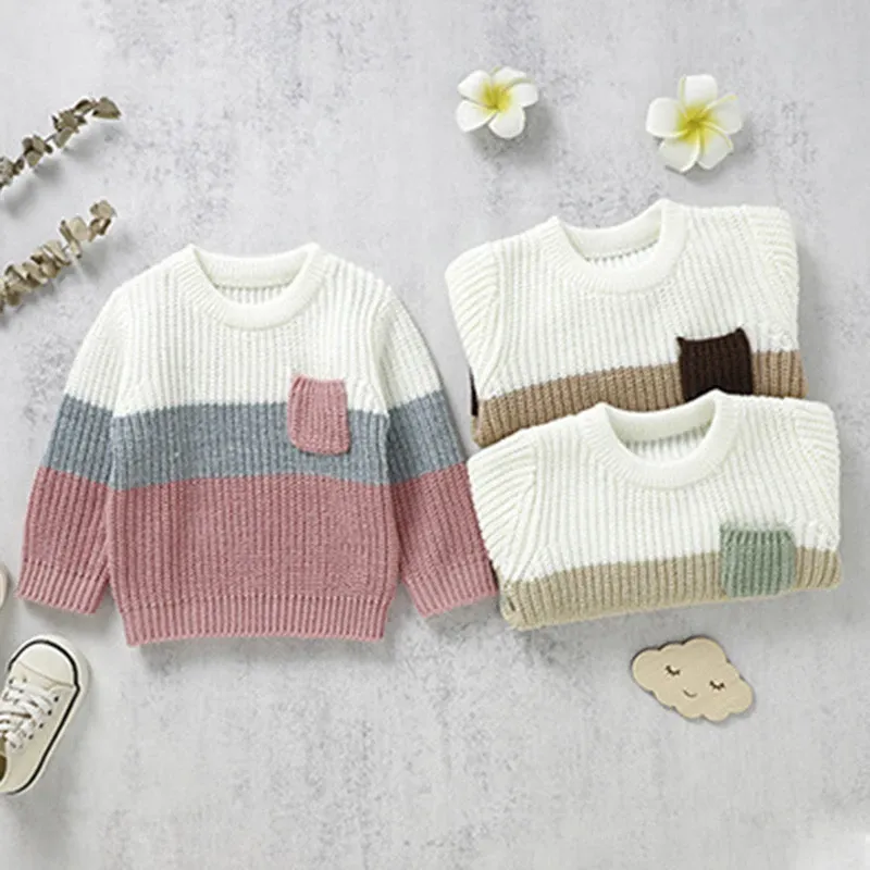 Kazaklar Sonbahar Bebek Çocuk Bebek Bebek Erkekler Uzun Kollu Çizgili Kazak Sweaters Yeni Bebek Kız Erkek Çocuk Giysileri Örgü Sweaters