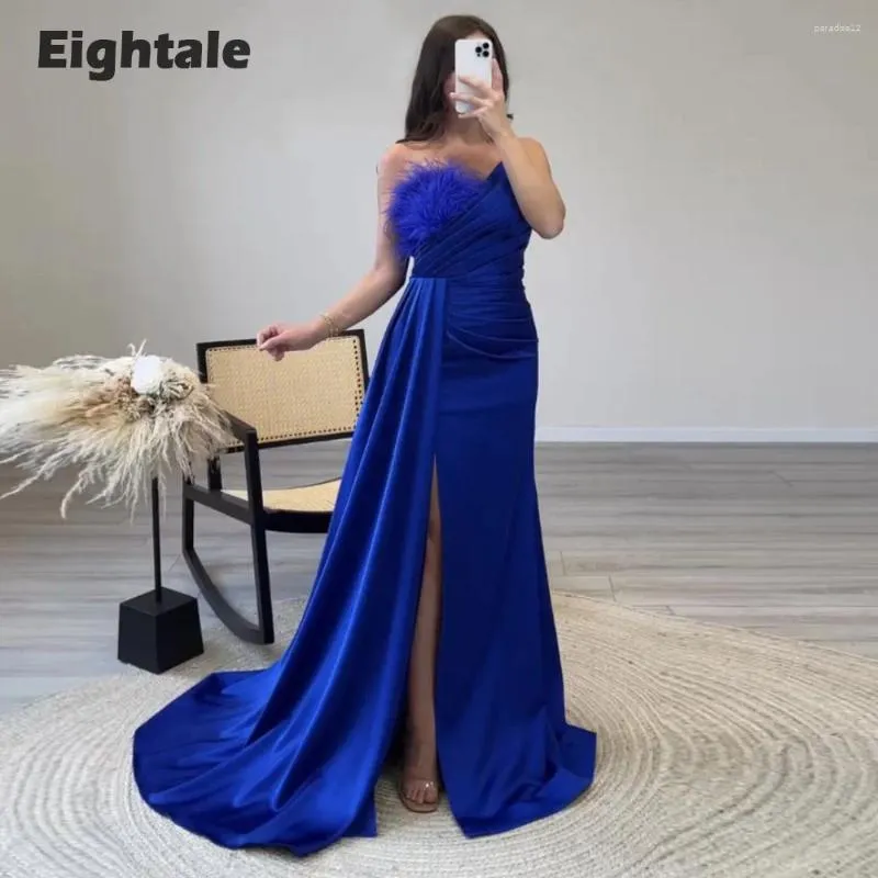 Party Dresses Eightale Royal Blue Evening Feather V-Neck Formal Satin Mermaid Prom Bowns for Wedding Vestidos de Noche