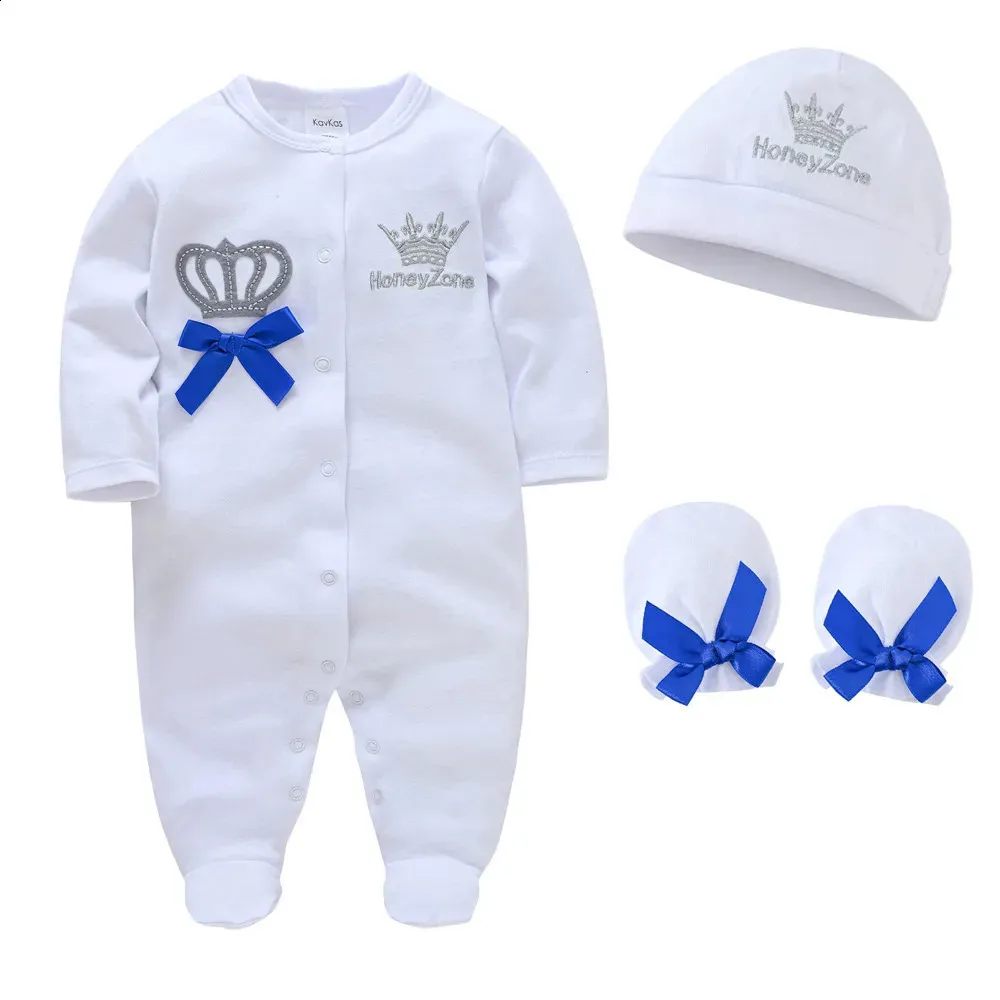 Född Baby Boys Romper Royal Crown Prince 100% Bomullskläder Set With Cap Handskar Spädbarn Girl One-Pieces Footies Sleepsuits 240424