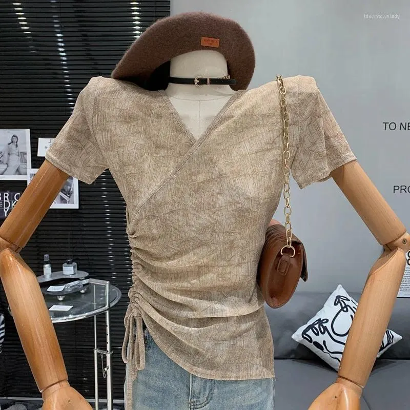 Damen T-Shirts Retro V-Ausschnitt Drawschnell-Falten schlanker fit elastischer und vielseitiger kurzärärmisches T-Shirt für Frauen Bluzas de Mujer Casual Casual Casual