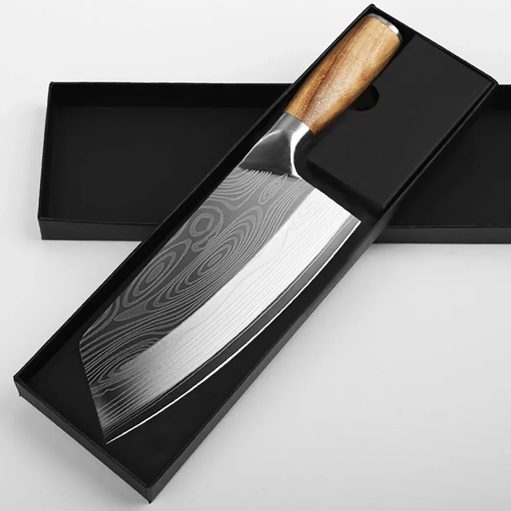 Knivar Kök Knivar Cleaver Chef Knife Rostfritt stål Rakkniv Skiv Skivning Hackning Kött kinesisk slaktkniv trähandtag presentförpackning