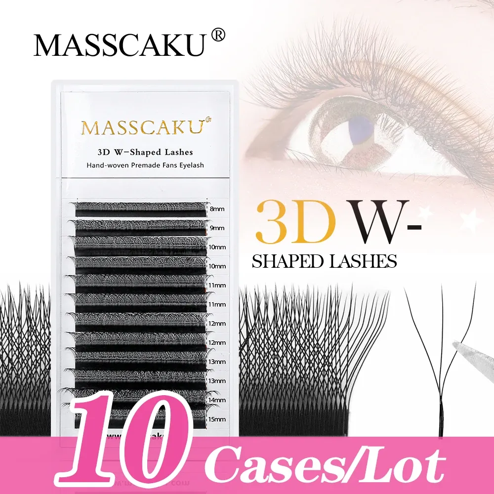 Eyelashes MASSCAKU 10Cases/lot W Shape Eyelash Extension 3D Premade Fans Russian Volume Lashes Dark Matte Natural Individual Makeup