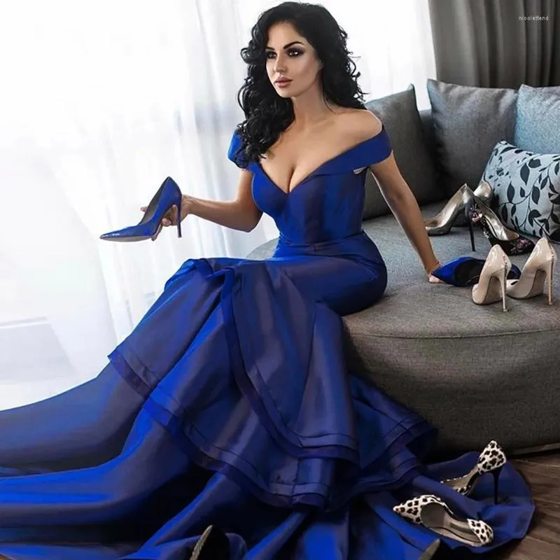 Party Dresses Customize V-Neckline Off-the-Shoulder Sweep Train Royal Blue Prom Dress Mermaid Evening Long