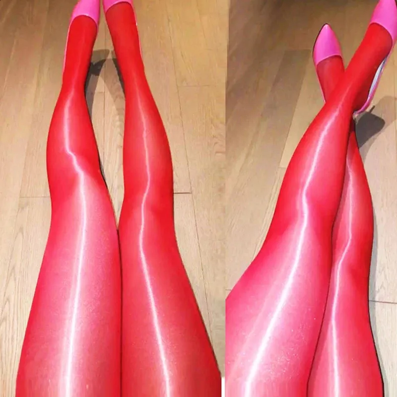 Pantyhose d'huile pour femmes Sexy Voir à travers des bas brillant brillant et des collants en nylon noir