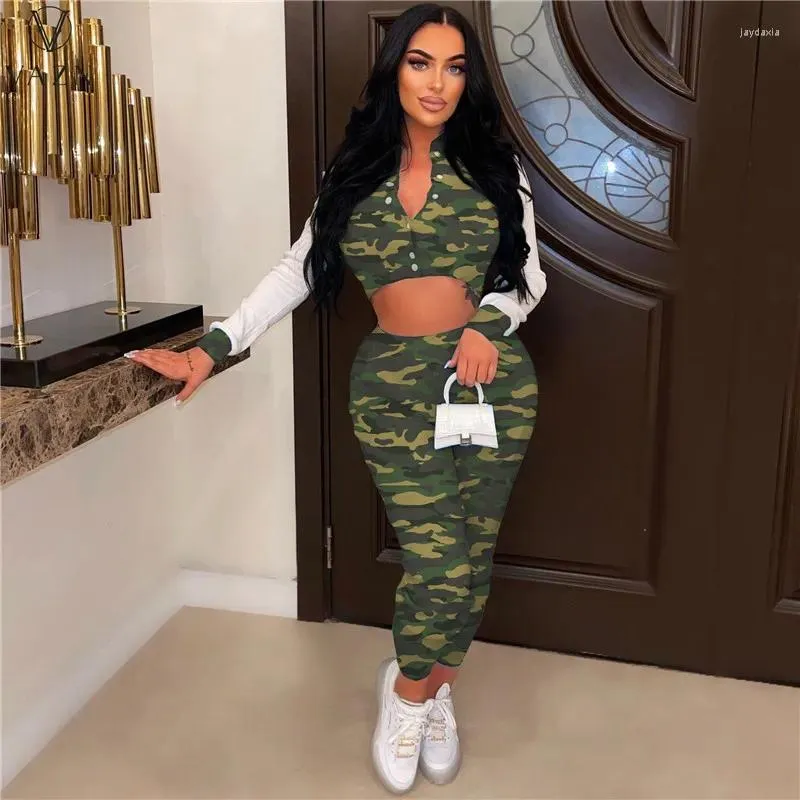 Women's Two Piece Pants VAZN 2024 Fashion Women Street Casual Style Sets Long Sleeve Single Breasted Top Elastic Lady Camouflage 2 Set