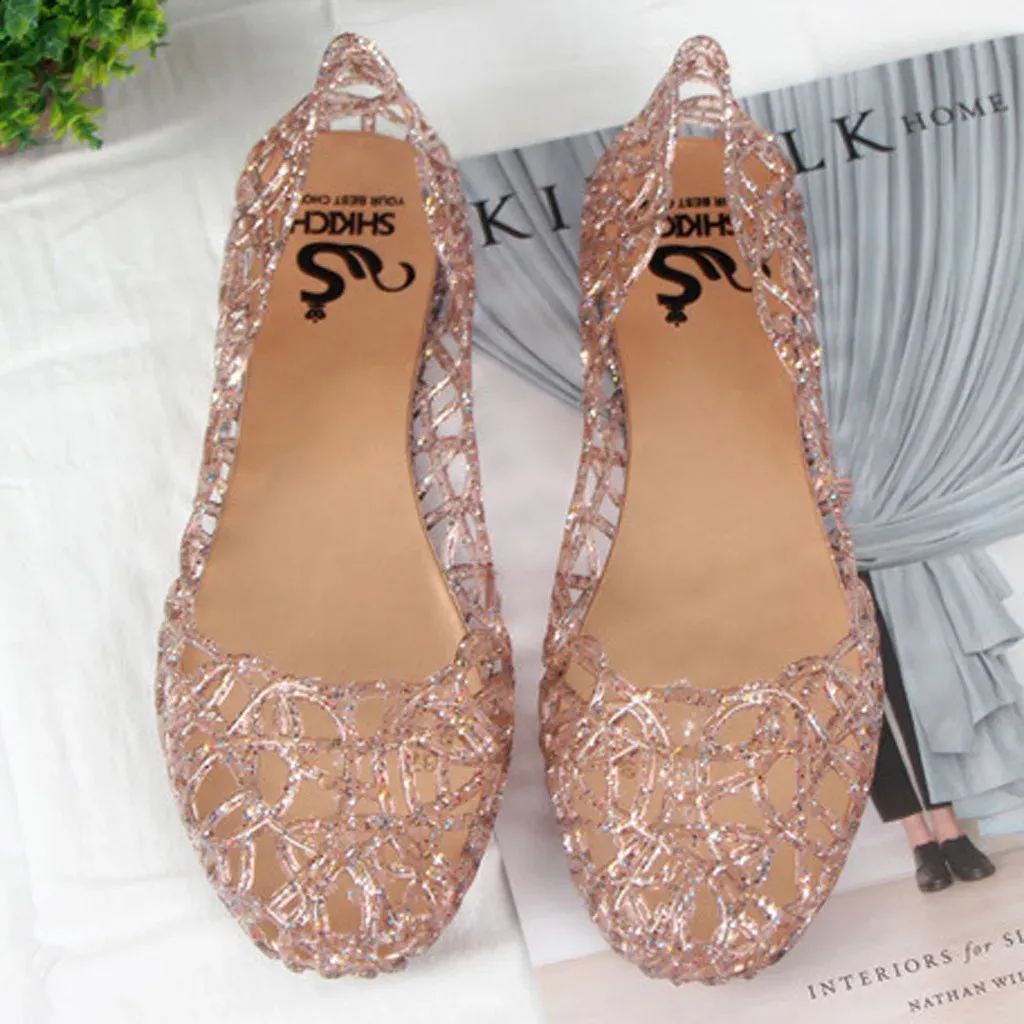 Kobiety Bling Jelly Sandals Summer Flats Buty swobodne kobiety mody Hollow Out na damskim bucie wygodne obuwie 240411