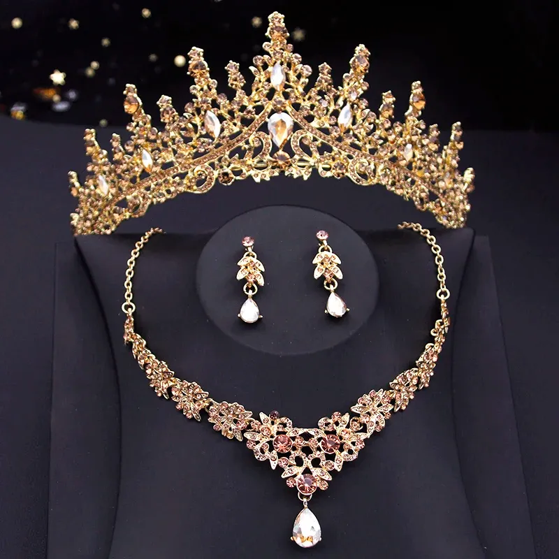 Necklaces Luxury Champagne Crystal Bridal Crown Jewelry Set Princess Queen Tiaras Prom Bride Wedding Earrings Dubai Necklace Set Fashion