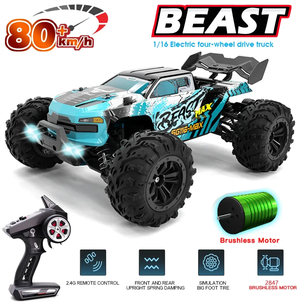 Auto's Zll SG116Max 1:16 80 km/H 4WD RC -auto met LED -afstandsbedieningsauto's Hoge snelheid Drift Monster Truck voor kinderen versus WLTOYS 144001 TOYOYS