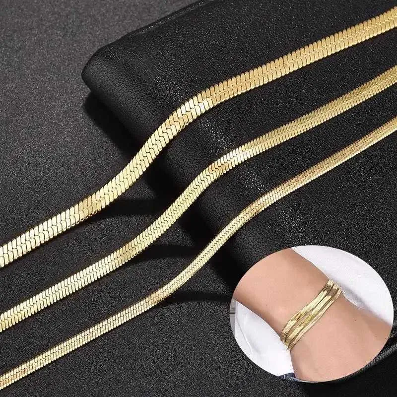 Beaded 3/4/5mm Gold Plated Stainless Steel Flat Bracelet Waterproof Filmy Snake Chain for Men Women Classic Bracelets Jewellery 240423