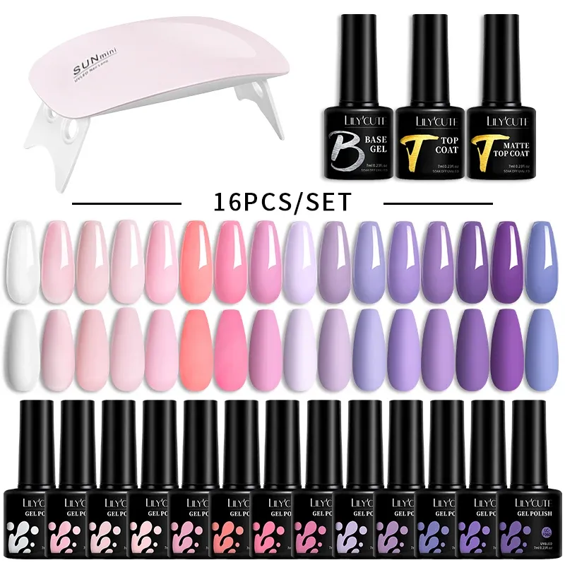 Kits Lilycute 16st/Set Nail Gel Polish With UV Lamp Dryer Nude Pink Glitter Semi Permanent Nail Art Lack Base Matte Top Coat Kit Kit Kit