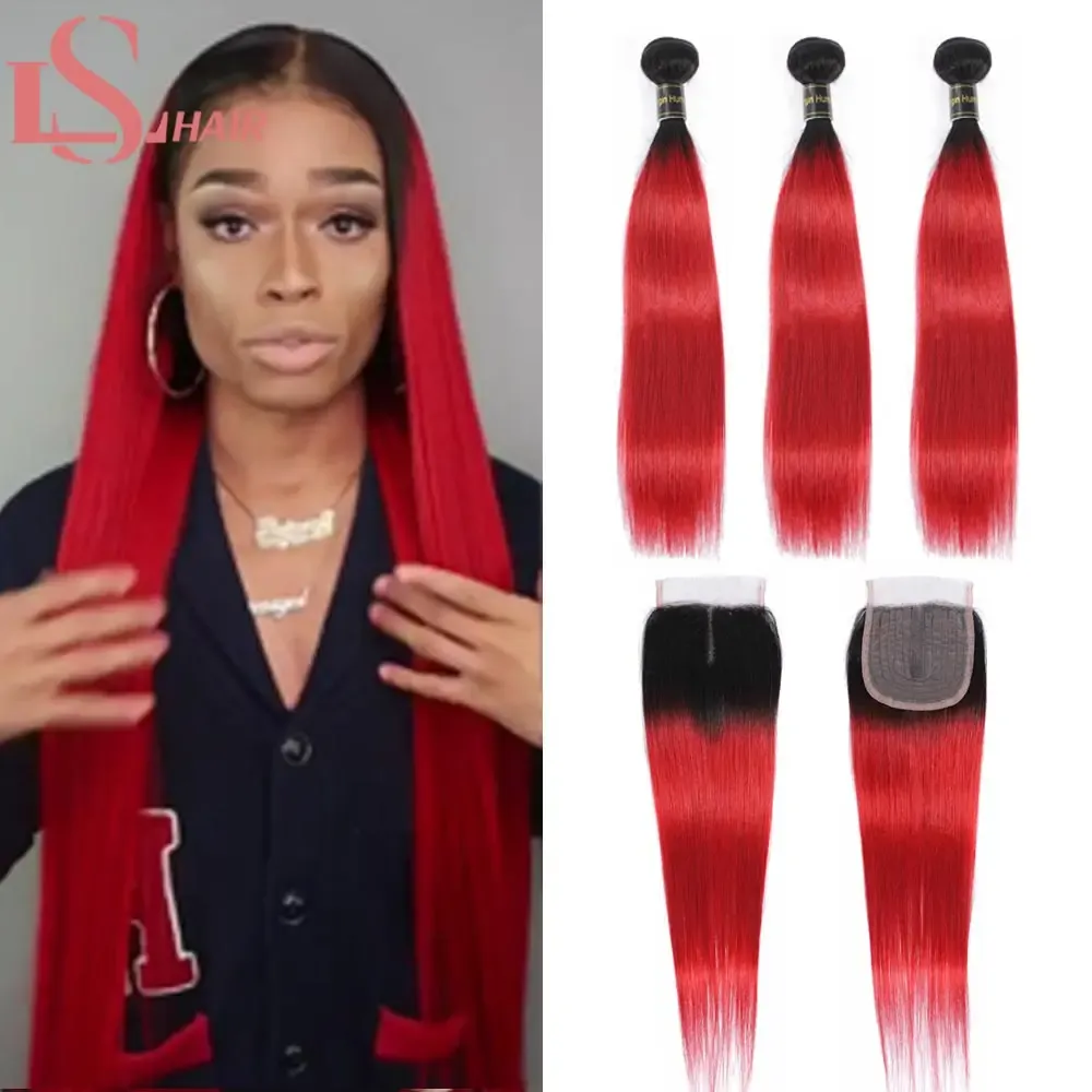 Wigs LS Ombre Bundles With Closure Dark Roots Ombre 1B/Red Human Hair Brazilian Straight Hair 3 Bundles Red Bundles With Closure Remy