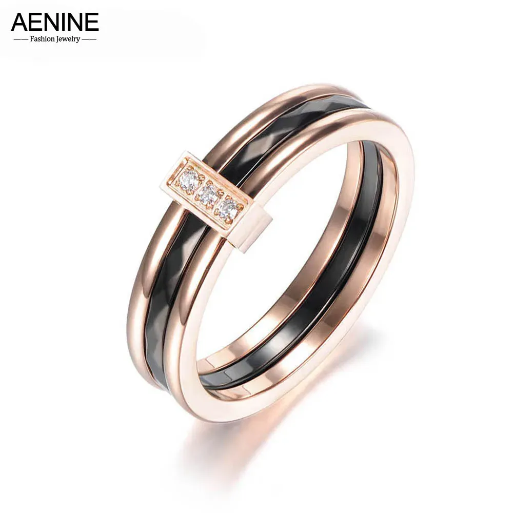 Bandas Aenine Mosaic Cz Cz Crystal Rose Gold Color Anillos Joyas de acero inoxidable Anillos de boda de acero inoxidable para mujeres Anneau AR18001