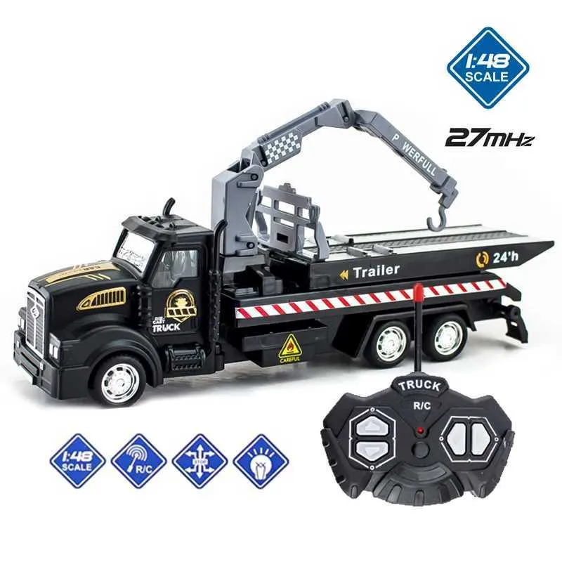 Electric/RC Car Childrens 4ch RC Pull-Back Car Wrecker Trailer Flatbed Truck Crane Transporter Boy Sound Inertial Engineering Vehicle Toy 240424