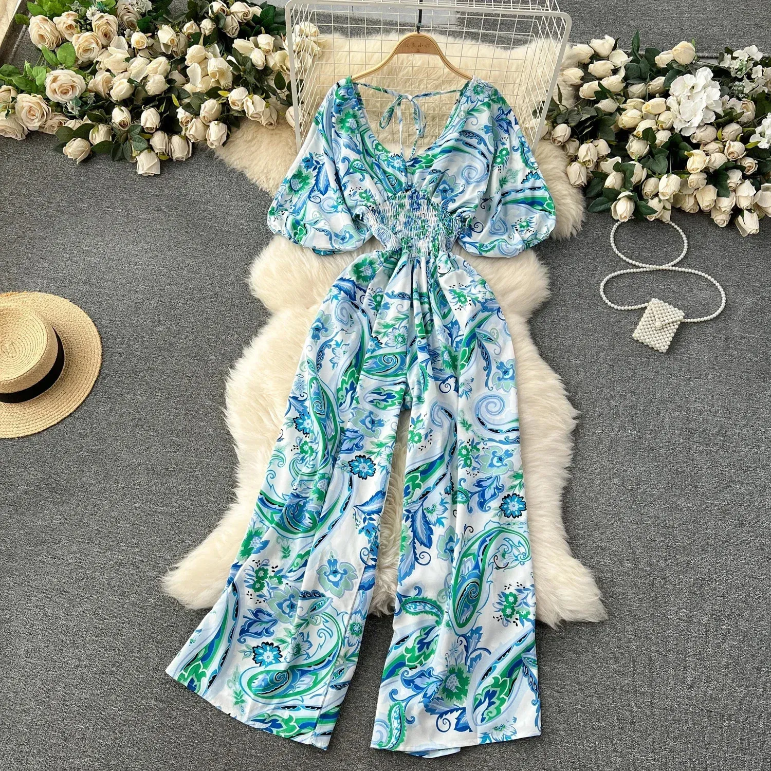 Summer Women Sexy VNeck Puff Sleeve Printed Romper Female BlackRedBlueYellow Wide Leg Jumpsuits Vacation Beach Fashion 240424