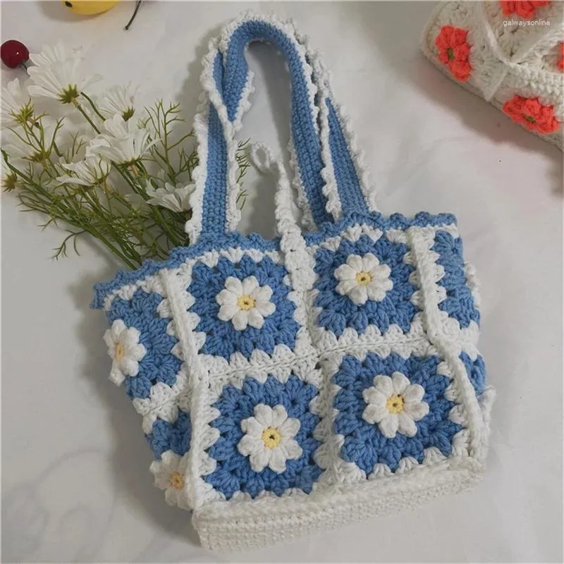 Shoulder Bags Bohemian Flower Hand Woven DIY Knitted Bag Women Woolen Daisy Totes Floral Girl's Rural Style Crochet Female